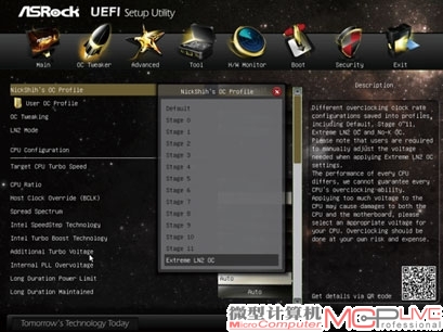 Z77 OC Formula的BIOS内预设了总共13组的超频预设选项，经过我们与华擎技术工程师沟通后得知，这十三组预设值还颇有来头——它是由世界超频冠军NickShih所调校得到的参数。其中包含了常态下的Stage 0～11(主频范围3.9GHz～5.0GHz)、Extreme LN2 OC(液态氮超频参数预设)以及No-K OC(华擎推出的去除非K版酷睿处理器倍频限制)模式。即使对于骨灰级的发烧友，甚至是专业的超频玩家而言，有了预设值的经验基础，想必都能在反复调校的道路上少走很多弯路。