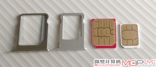 SIM卡对比(左3为micro-SIM，左四为nano-SIM)