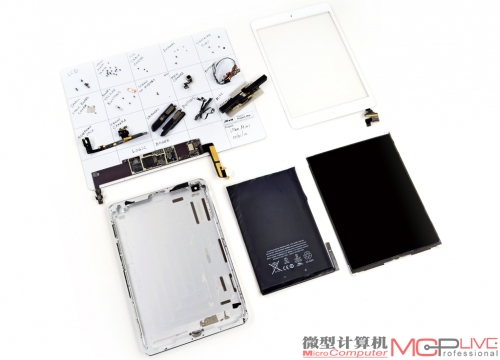 这是国外网站ifixit对iPad mini进行拆解之后的配件“全家福”。除了显示屏之外，电池就是机身内部大的配件了，这也为iPad mini良好的电池续航能力做出了保证。与iPad一样，iPad mini内部的很多配件都是通过粘合剂粘连起来的，因此iPad mini的维修有难度。