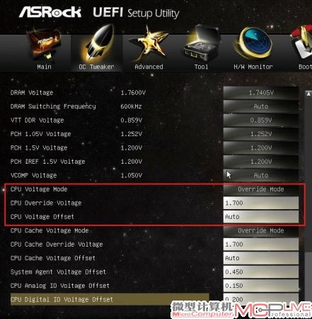 调节处理器电压时，需对“CPU Input Voltage”、“CPU Voltage Mode”两种电压进行联合调节才能获得您想要的设置电压，需切记两种电压存在400mV的差值。