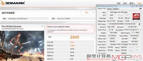 迪兰HD 7870加强版的新3DMark Fire Strike Extreme成绩为2665，和HD 7950不相上下。