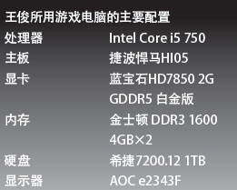 王俊所用游戏电脑的主要配置