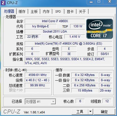 i7 4960X超频至4.6GHz CPU-Z截图，电压设定为1.4V，自动加压到1.41V。