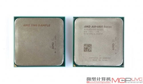 从外形来看，A10-7800 APU(左)在正面与A10-6800K(右)相比，几乎没有任何不同，两者的主要区别在于其背面两个缺口布局有所不同，Kaveri APU总共多出两根针脚，因此它只能用在FM2+接口的主板上。